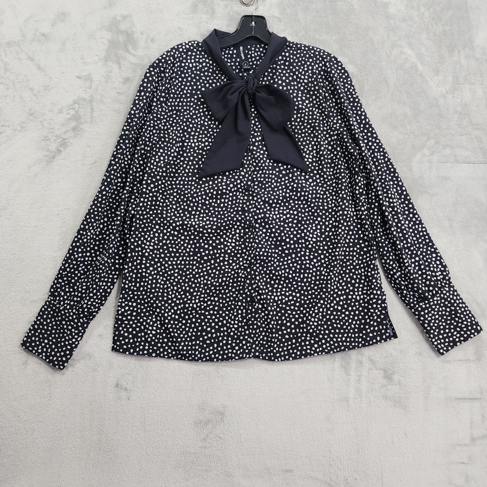 Agnes & Dora Top Womens S Black Snow Polka Dot Tie Bow Neck Long Sleeve Blouse
